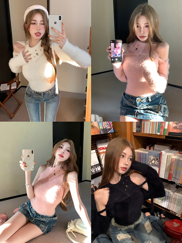 實拍 軟咩少女設計感修身針織背心套裝女慵懶坎肩罩衫兩件套