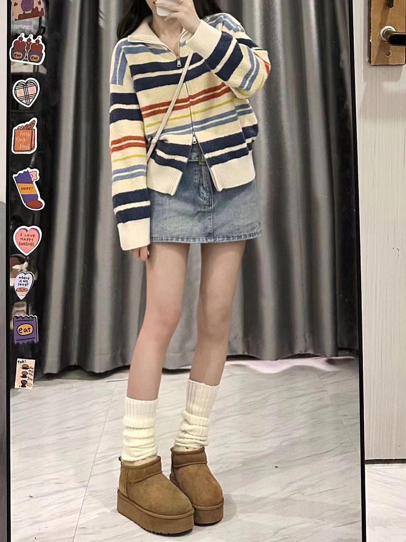 日系復古彩虹條紋毛衣女春秋冬慵懶風設計感小眾寬鬆針織開衫外套