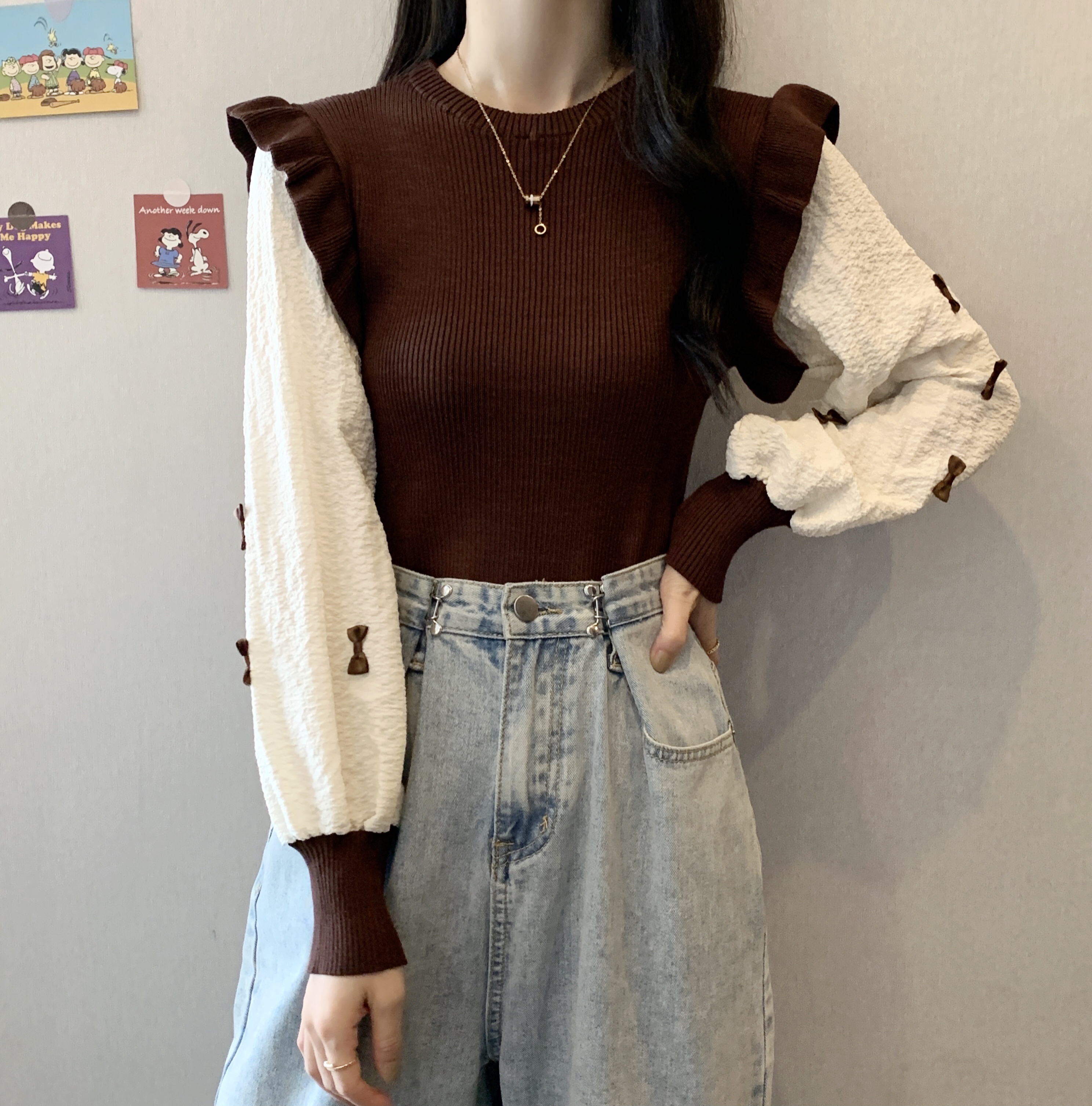 實拍 復古設計感假兩件甜美蝴蝶結拼接長袖襯衫上衣女