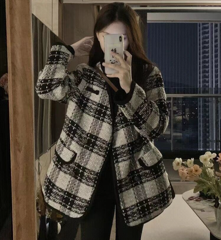 冬裝高級感超好看設計感短款粗花呢格子外套小香風M-4XL200斤