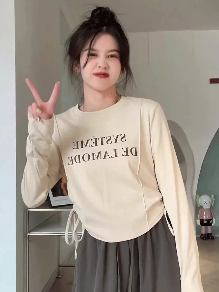 秋季長袖打底衫t恤2023新款女裝修身顯瘦設計感小眾短款抽繩上衣