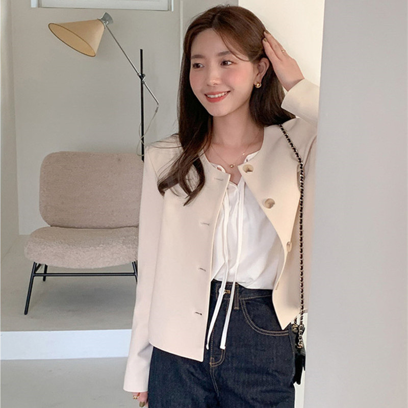 韓版小個子圓領純色短裝外套女2023秋季新簡約單排扣休閒外套上衣