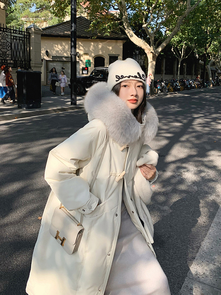 2023新款時尚韓版大毛領設計感小眾收腰冬季加厚羽絨棉衣外套