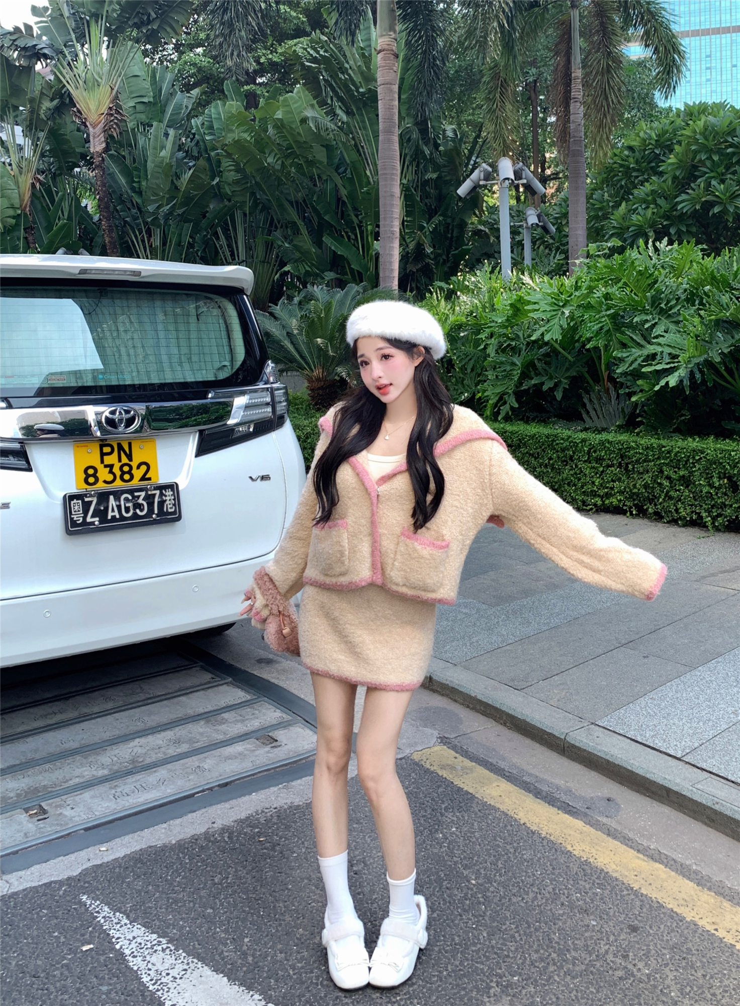 實拍~草莓糯嘰嘰/軟妹粉杏海軍領針織開衫溫柔半身裙套裝