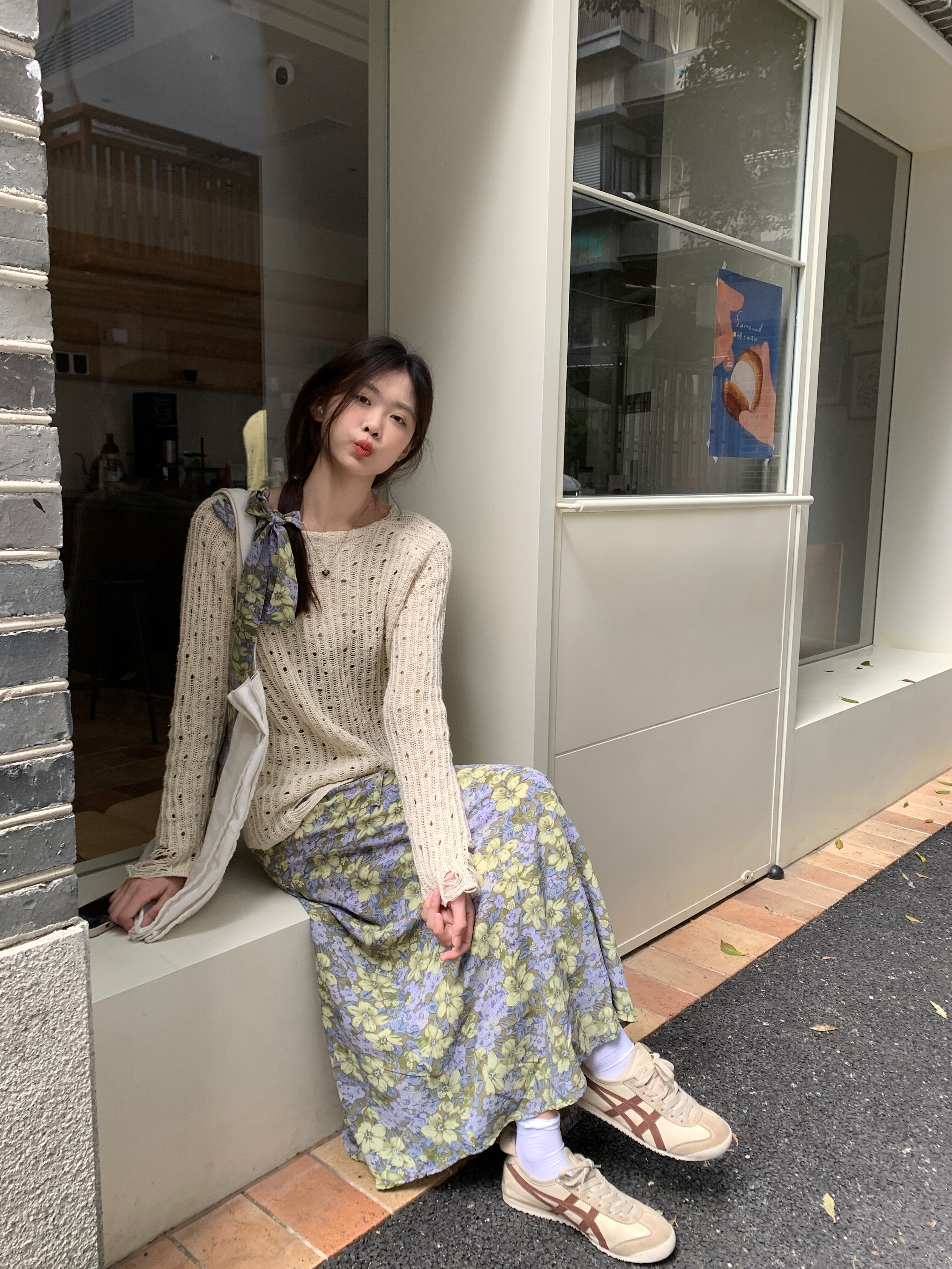 實拍 秋季韓版法式復古碎花吊帶連衣裙+鏤空長袖毛衣