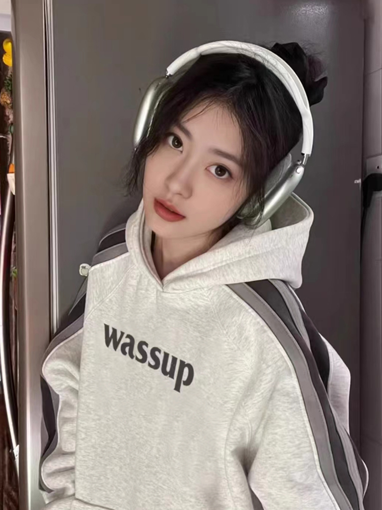 DGCR WASSUP條紋連帽衛衣女2023新款美式oversize外套國潮ins