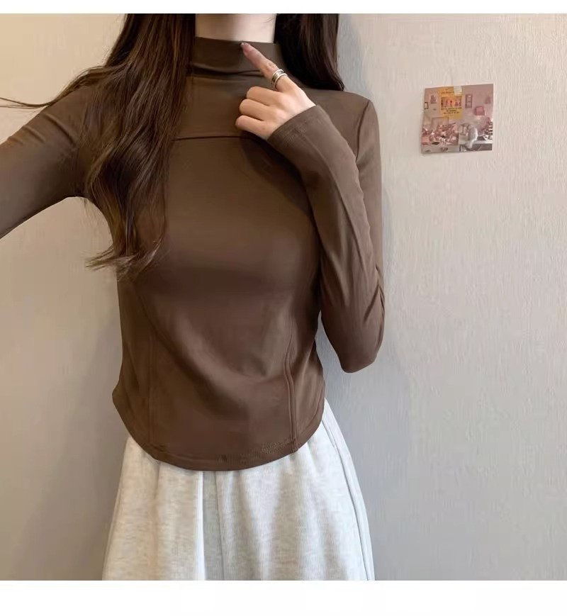 質量秋裝韓版高領設計感弧形下擺磨毛修身打底衫長袖T恤女