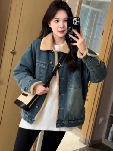 American retro plus velvet lambswool denim jacket for women winter thickened warm fur loose casual jacket top