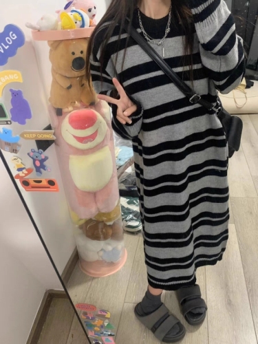 Lazy style striped sweater knitted dress loose mid-length autumn and winter new style bottoming layered with an over-the-knee skirt