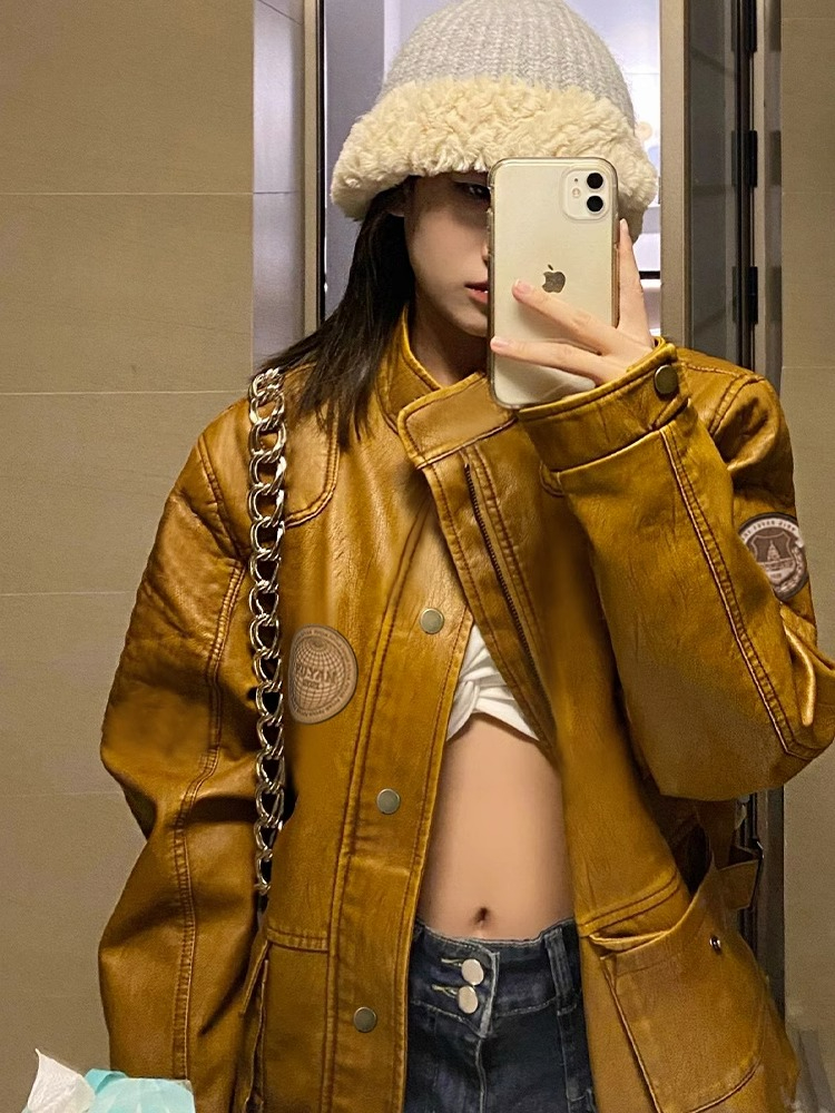 2023 New Vintage Jacket American Retro Brown Design PU Leather Jacket Baseball Uniform Women's Leather Clothing Trend