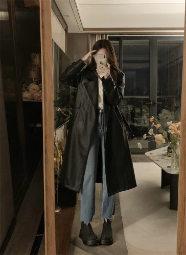 Actual shot ~ High-end retro mid-length waist-slimming PU knee-length leather jacket