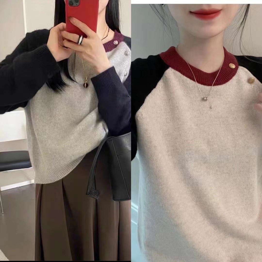 洋氣拼色插肩袖羊毛針織衫秋冬新款設計感小眾套頭羊絨毛衣女