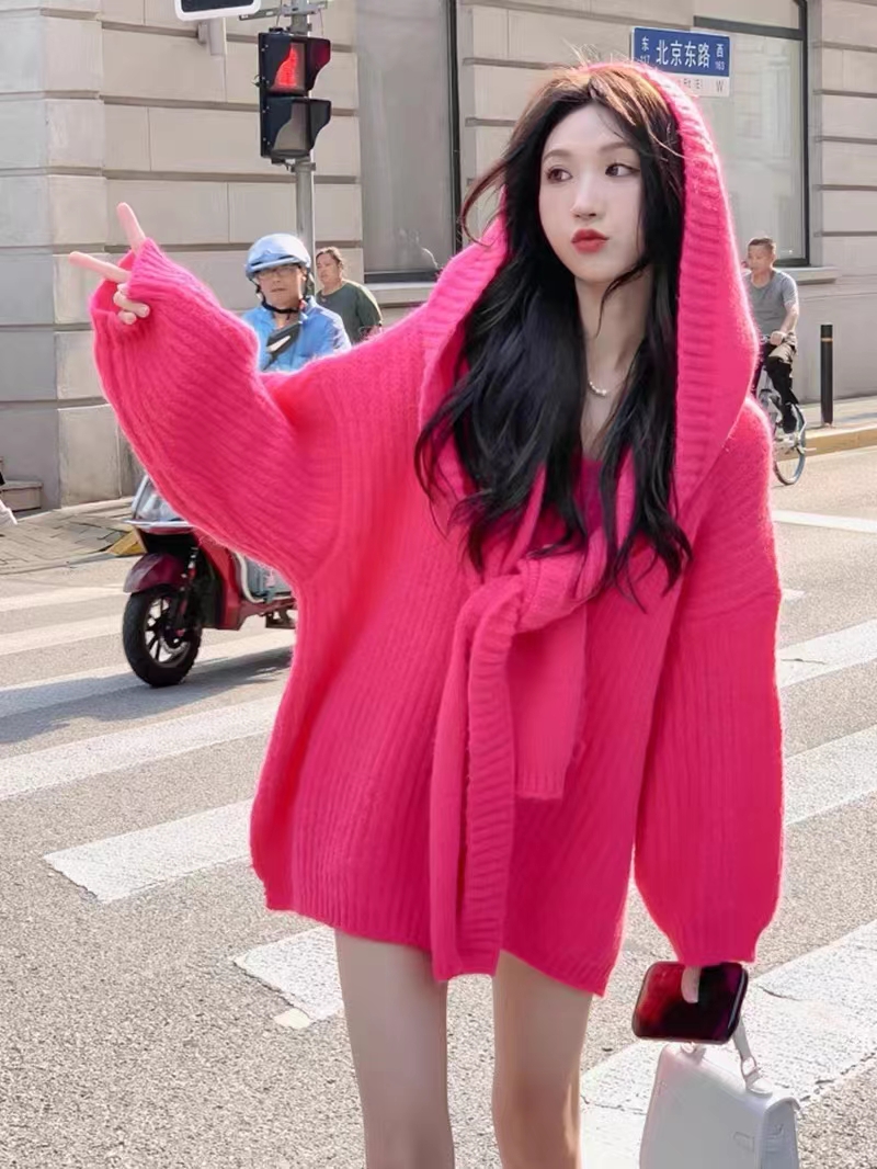 Autumn and winter Korean style lazy style loose long-sleeved shawl hooded sweater women's high-end mid-length sweater