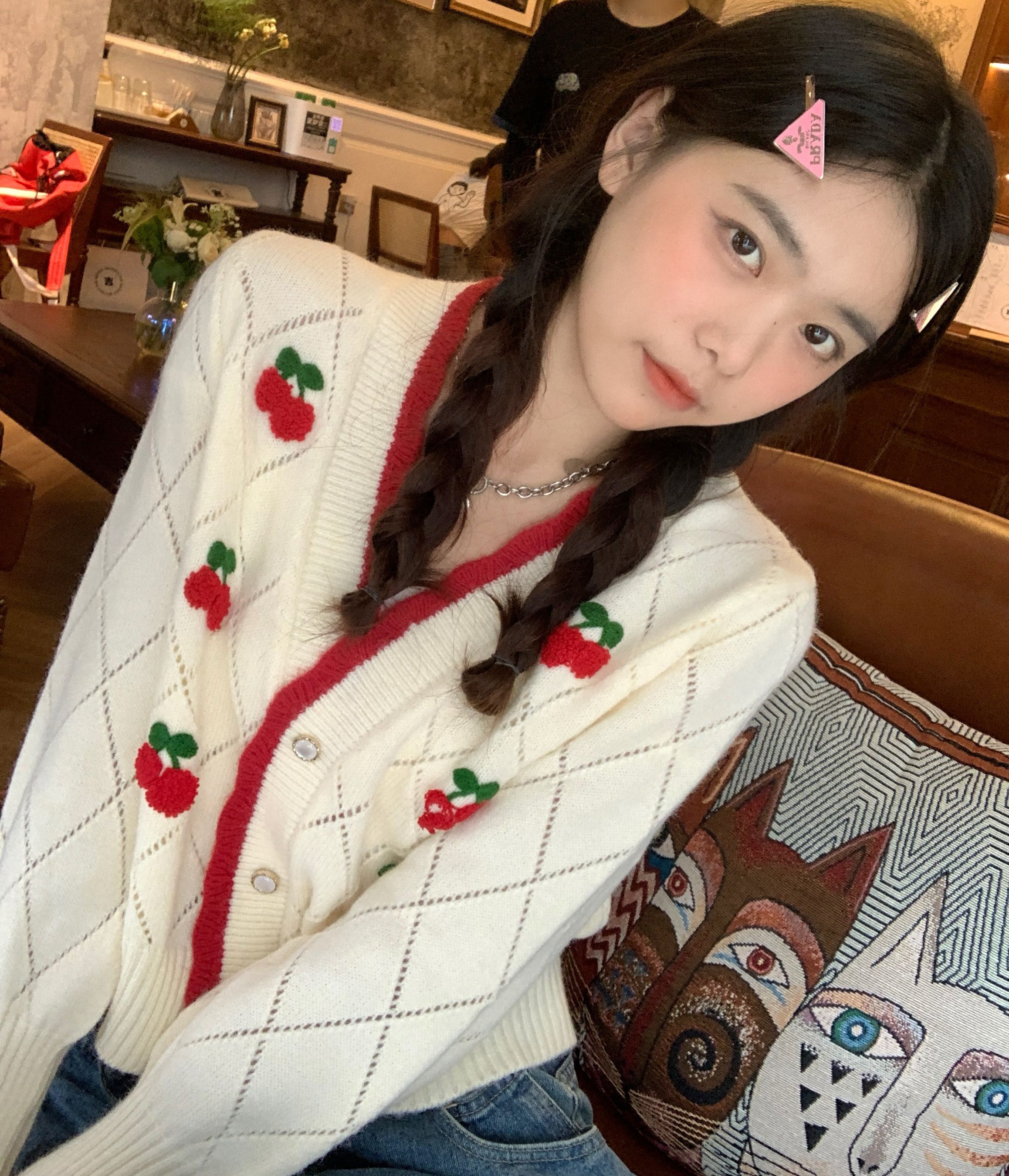 實拍 韓系可愛減齡櫻桃毛衣外套女短款針織開衫上衣潮
