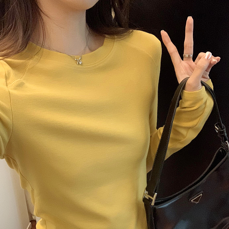 實拍圖基礎款圓領純色正肩拼接打底上衣女2023年秋季百搭新款上衣