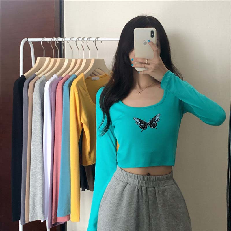 Official picture of long-sleeved T-shirt for women in autumn, Korean version, slim-fitting printed short top, fashionable bottoming shirt for girls to wear outside