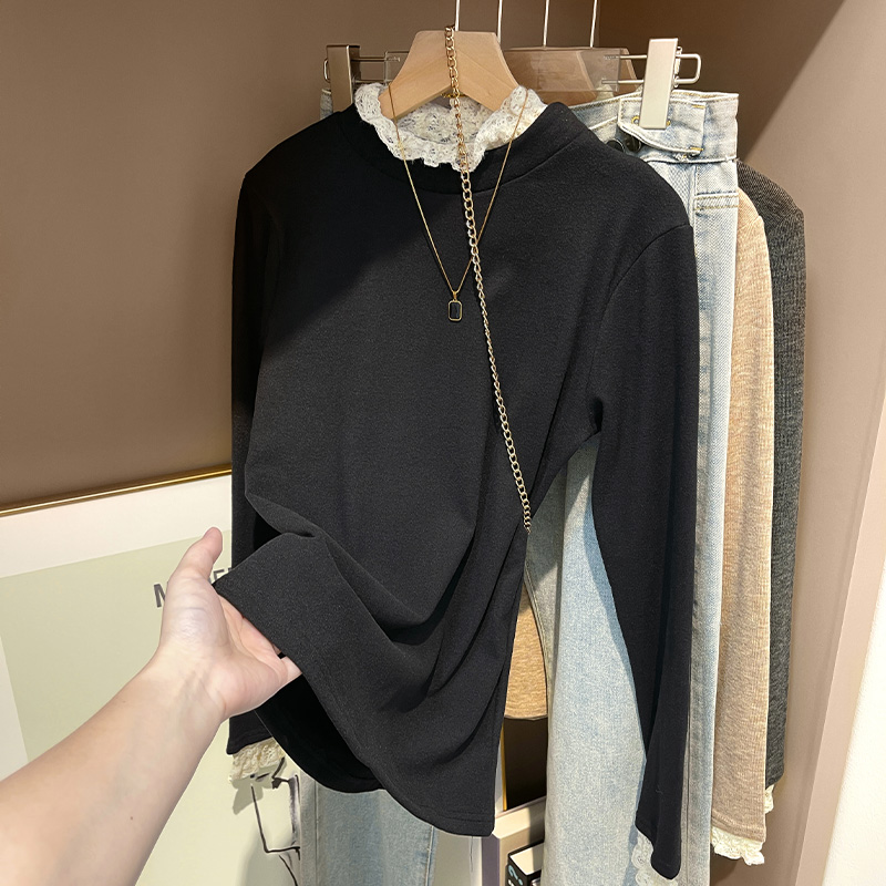 Real shot of cashmere semi-turtle collar German velvet bottoming shirt for women to wear in autumn and winter with velvet thickened long-sleeved T-shirt
