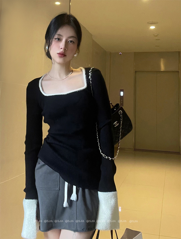 實拍方領拼接袖貂絨長袖純欲套頭毛衣修長顯瘦加厚針織衫