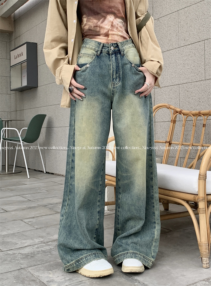 實拍 秋季新款寬鬆高腰闊腿顯瘦直筒長牛仔褲女