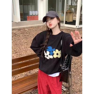 陸小團團韓系慵懶風花朵毛衣女2023秋冬新款vintage復古針織上衣