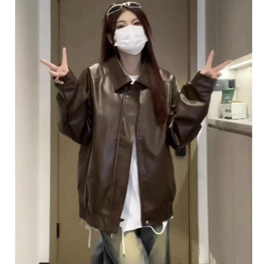 Hong Kong style brown leather jacket for women 2023 new autumn American retro street sweet and cool motorcycle pu leather jacket trendy