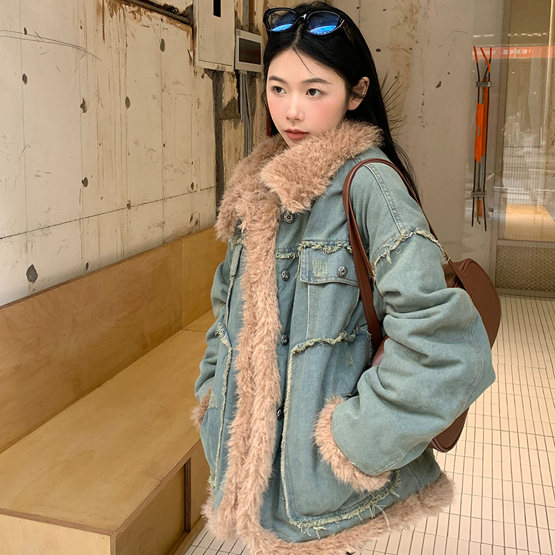 實拍港風韓版牛仔毛毛外套女冬季加絨加厚復古高級設計棉服潮