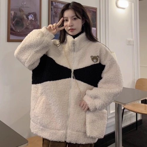 Imitation lamb wool plus velvet thickened cotton coat for women 2023 new winter loose stand-up collar warm cotton coat ins