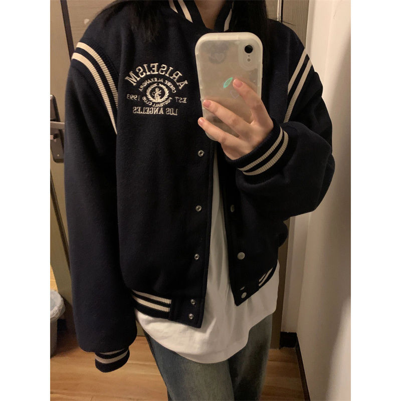 印花+繡花 秋冬藏青色棒球服外套 華棉薄款/加絨款