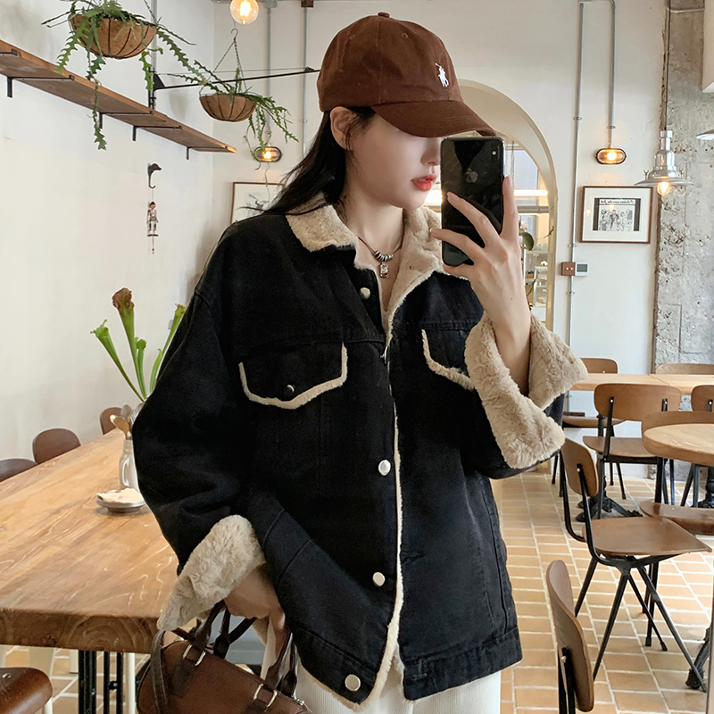 實拍冬季新款加絨牛仔外套女冬裝加厚韓版寬鬆休閒黑色棉服潮