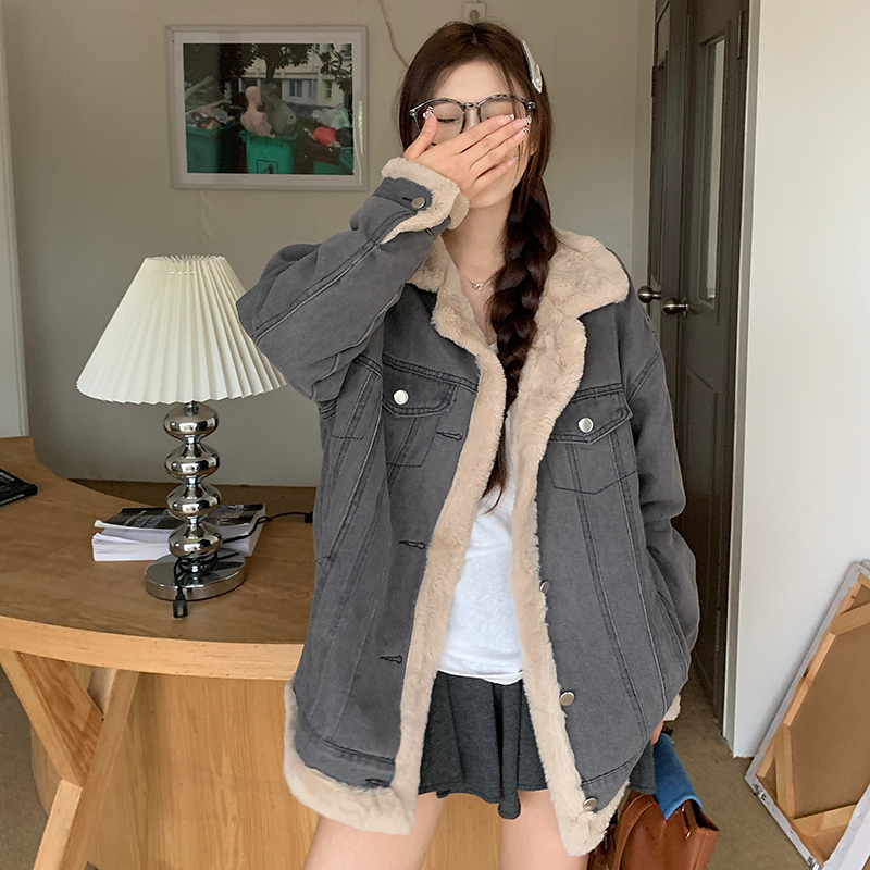 實拍！流行漂亮牛仔外套女秋冬高級感炸街加絨加厚慵懶風毛毛