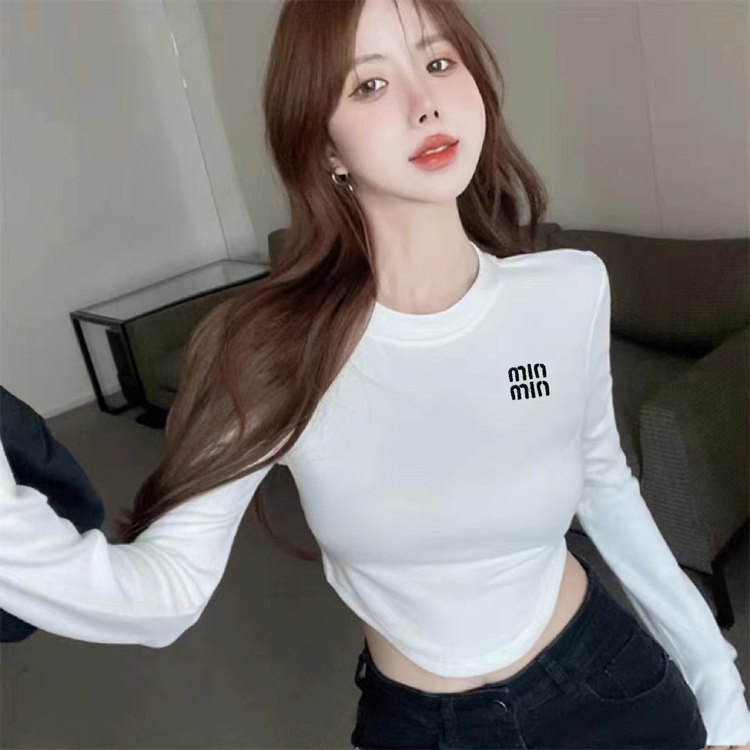美式辣妹修身白色正肩長袖t恤女秋季別致收腰短款上衣內搭打底衫