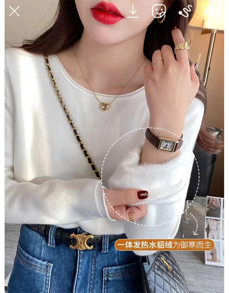加絨加厚一體絨圓領毛衣女上衣秋冬2023白色打底衫內搭長袖針織衫