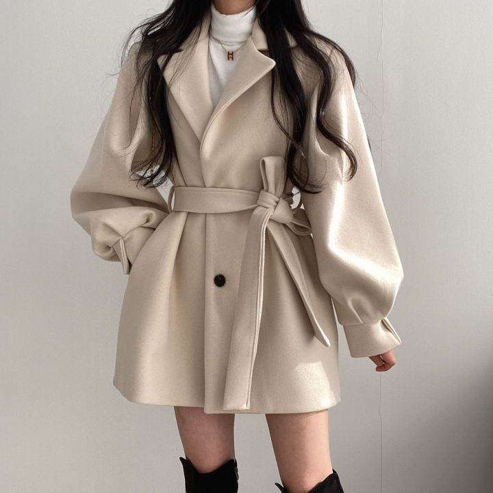 New Korean style autumn and winter wear with temperament, small suit collar, Hepburn style mid-length woolen coat for women