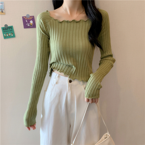 Bingsi#Real Shot  New Short Tops Slim Long Sleeve Bottoming Sweaters Women's Spring and Autumn Thin Style