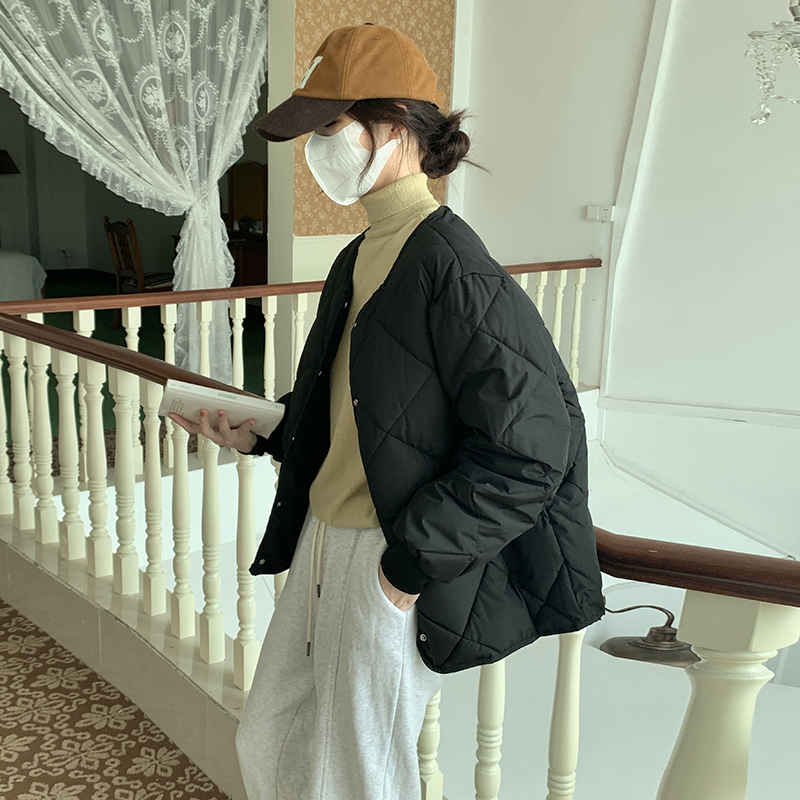 新款棱形格寬鬆羽絨服 小眾設計感ins夾克棉衣oversize棉服女