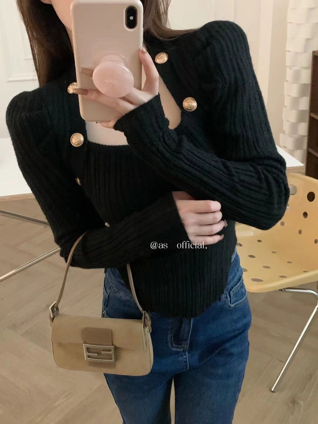 小香風方領針織衫女秋冬內搭打底修身顯瘦設計感小眾別致短款上衣