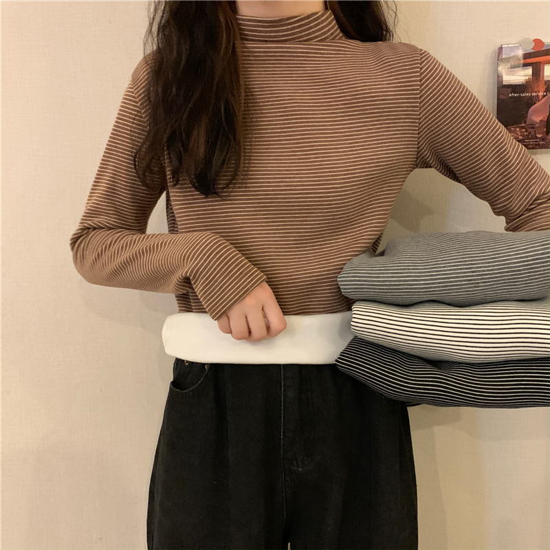 Actual shot Korean style half turtleneck with velvet and thickened warm long-sleeved bottoming shirt T-shirt top