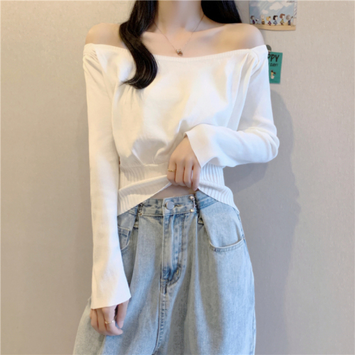 Bingsi#Real shots of spring and autumn niche design short tops for women with long-sleeved square collar bottoming sweaters