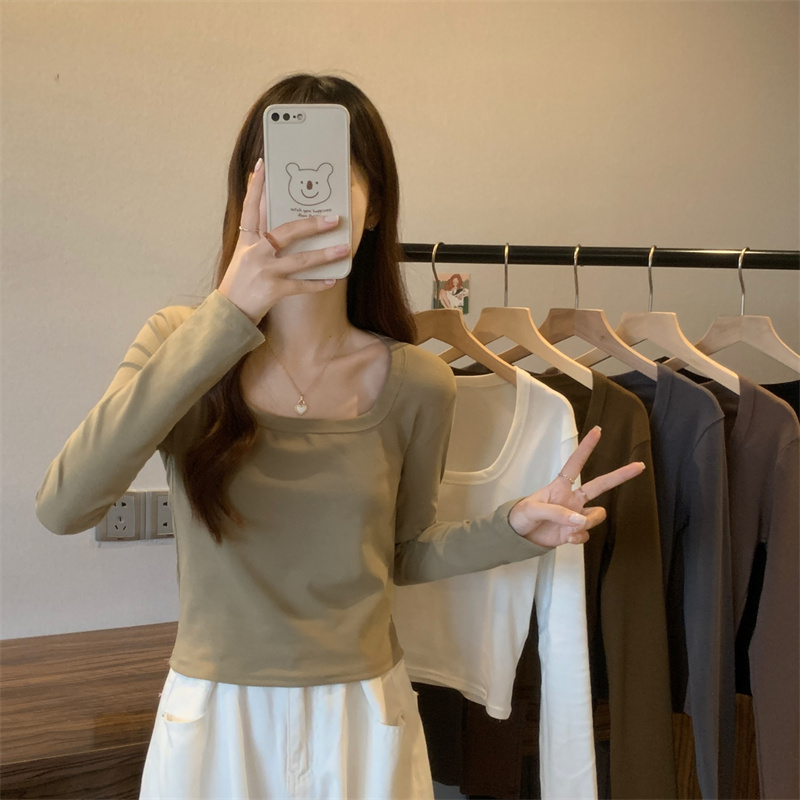 Real shot 2023 new solid color square collar versatile long-sleeved T-shirt tops for women