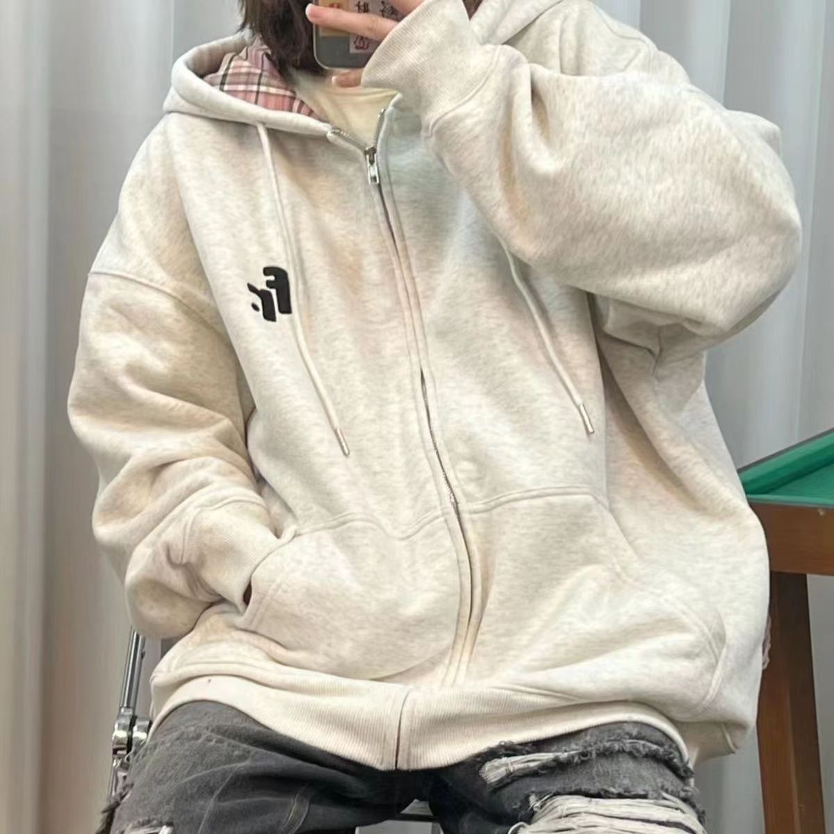 秋冬新款寬鬆撞色格紋拉鏈外套女 食毛華棉複合牛奶絲+銀狐絨