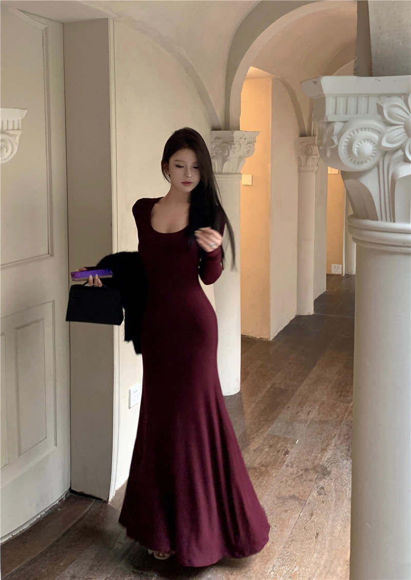 性感辣妹低U領緊身長袖連衣裙女顯身材垂感顯瘦純欲包臀魚尾長裙