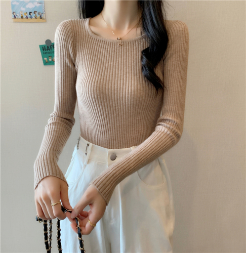 Core Spun Yarn#Real Shot New Square Neck Bottoming Sweater Women's Spring and Autumn Slim Long Sleeves Inner Sweater