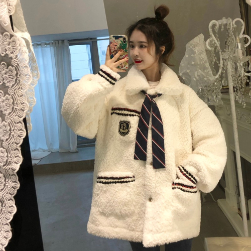 Free tie, imitation lamb wool jacket for women, new winter style college style sweatshirt, thickened loose cotton coat