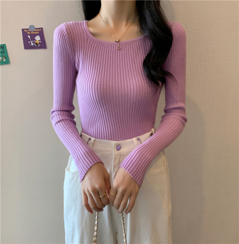 Core Spun Yarn#Real Shot New Square Neck Bottoming Sweater Women's Spring and Autumn Slim Long Sleeves Inner Sweater