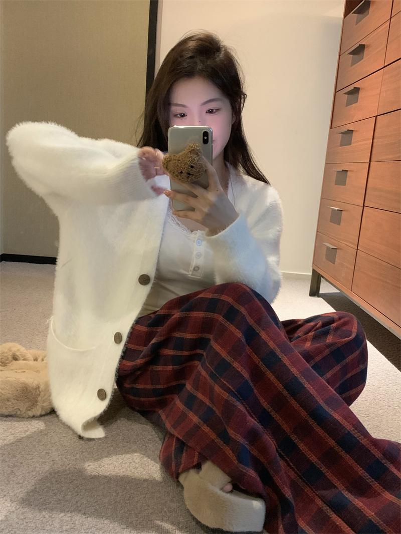 實拍 慵懶水貂毛毛衣外套開衫上衣寬鬆格子休閒長褲