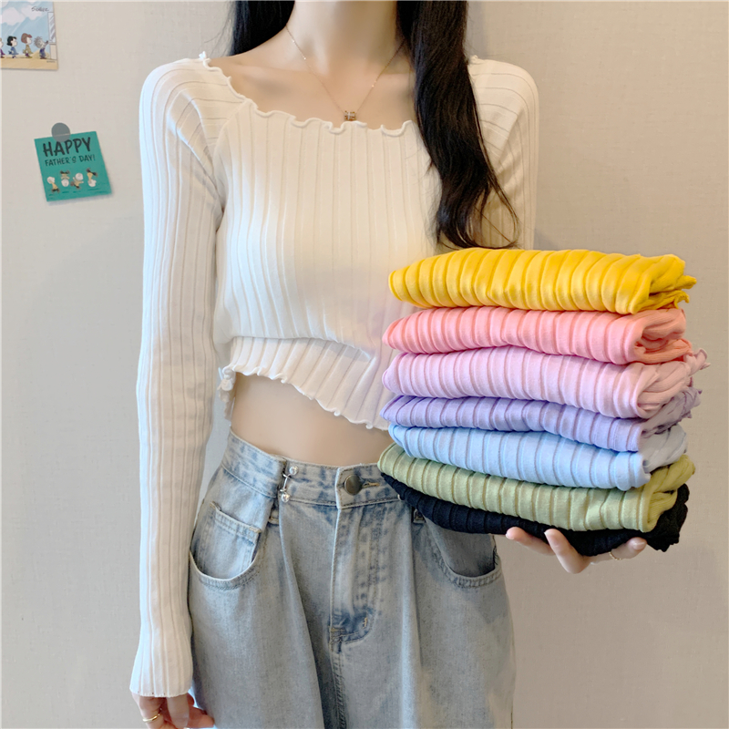 Bingsi#Real Shot 2023 New Short Tops Slim Long Sleeve Bottoming Sweaters Women's Spring and Autumn Thin Style