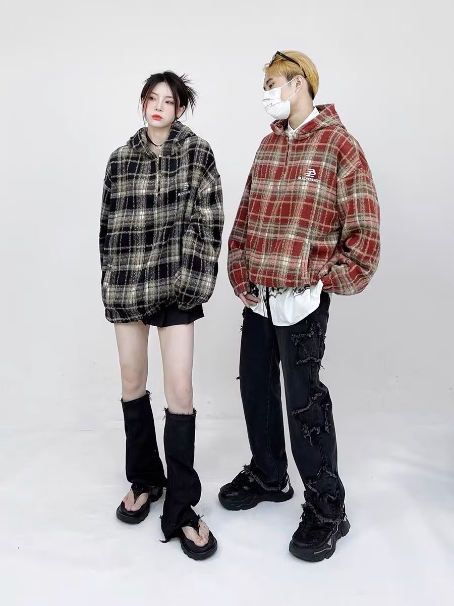 American High Street Embroidered Letters Hooded Jacket Trendy Retro Plaid Design Autumn New Jacket
