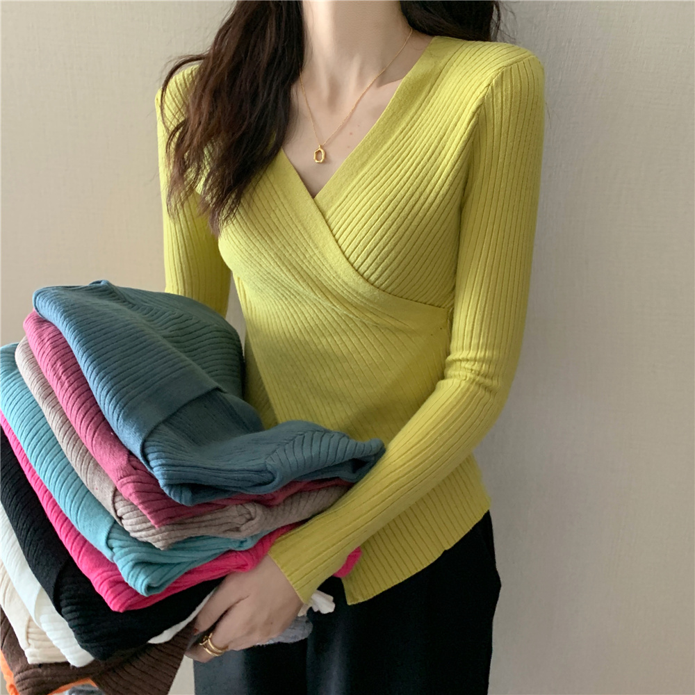 早秋季新款女裝交叉V領修身打底針織衫上衣t恤毛衣秋冬