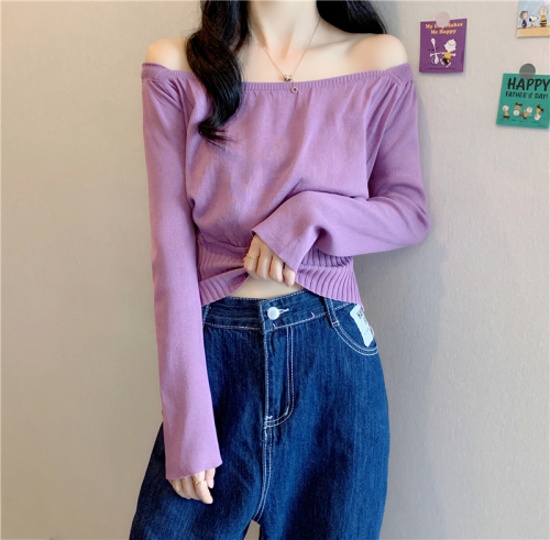 Bingsi#Real shots of spring and autumn niche design short tops for women with long-sleeved square collar bottoming sweaters