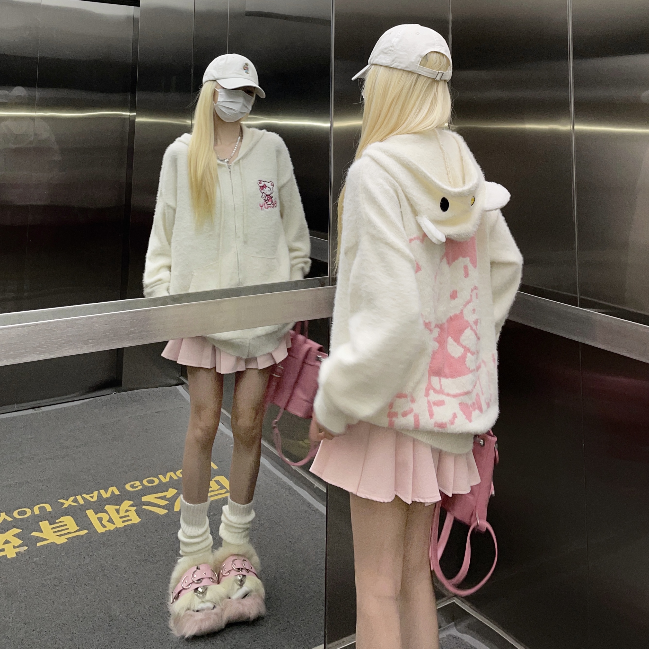 日系可愛凱蒂貓hellokitty連帽毛衣女秋冬寬鬆慵懶風bf軟糯針織衫